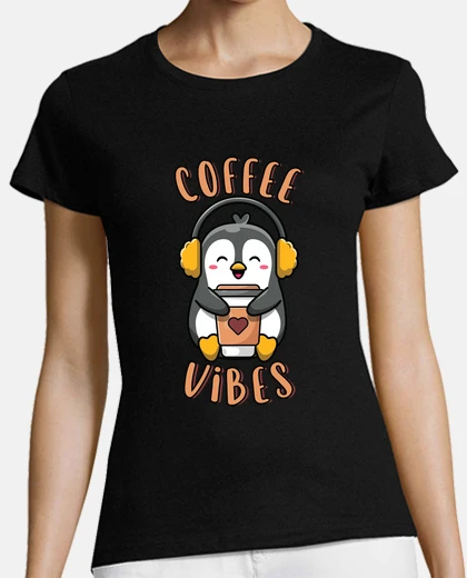 T-shirt vibrazioni del caffè divertente pinguino carino che tiene amante del caffè