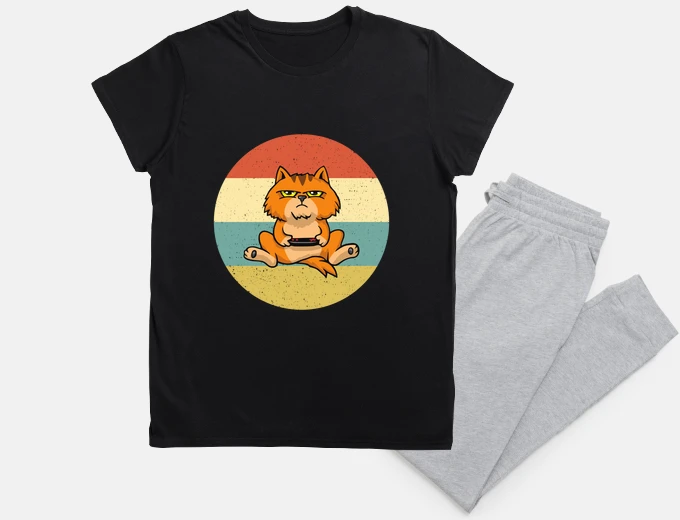Pyjama vintage gamer humorous geek cat