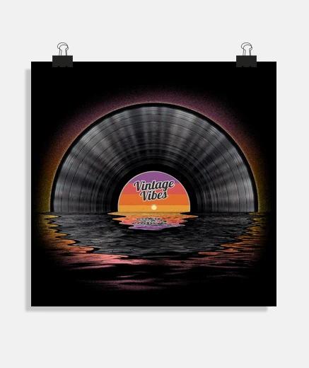 Poster vintage vinyl, retro, vibes, sunset over the ocean, vintage poster,