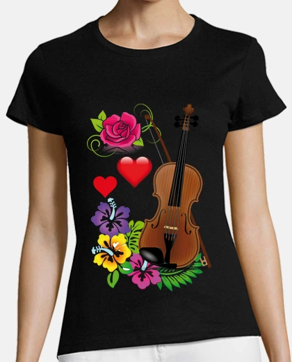 Playera violin con flores y corazon rojo