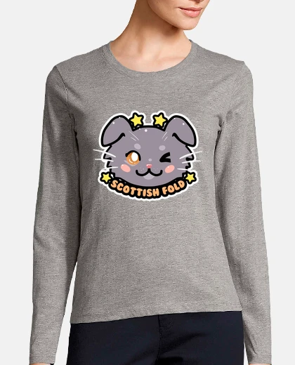 Tee-shirt visage de chat avec pli écossais kawaii kawaii - manche longue femme
