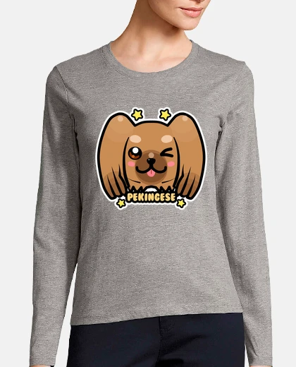 Tee-shirt visage de chien kawaii chibi pekingese - manche longue femme