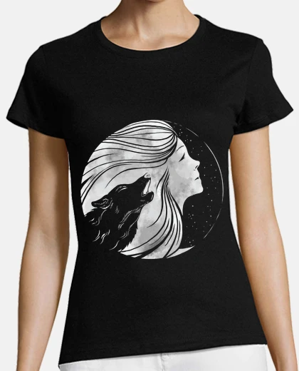 Tee-shirt visage de femme avec silhouette de loup,clair de lune  romantique 