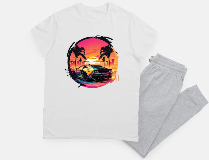 Pyjama voiture au coucher du soleil rétrowave