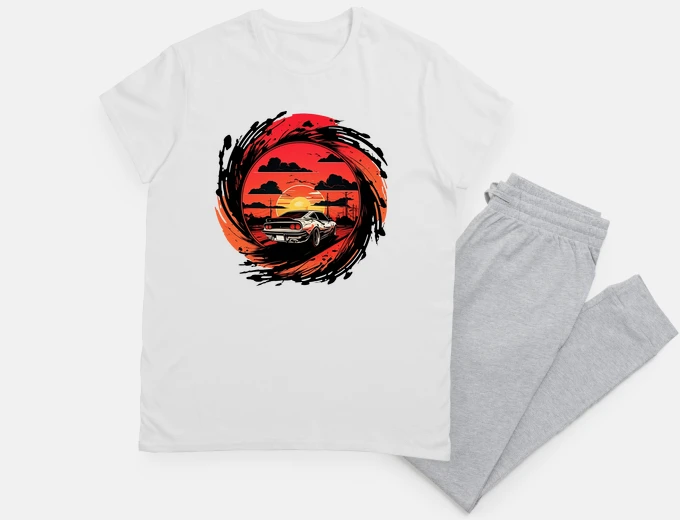 Pyjama voiture au coucher du soleil rouge