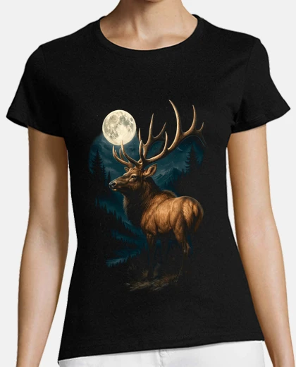 Tee-shirt wapiti cerf pleine lune forêt montagnes