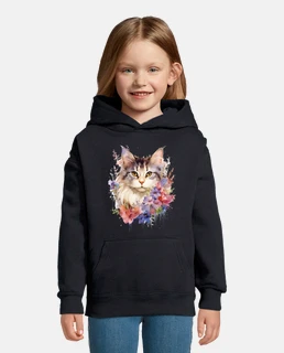 watercolor cat with flowers, kitty, trendy colors,