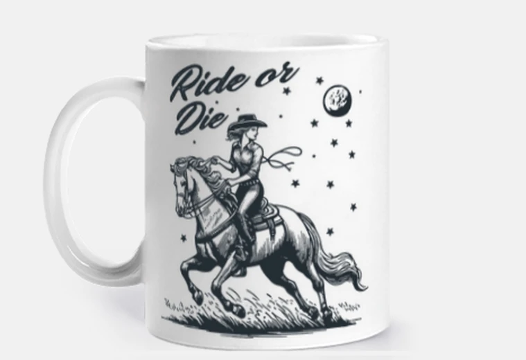 Cup western cowgirl galloping on horse cup coffee tea croissants infusion herbal tea milk cocoa breakfas