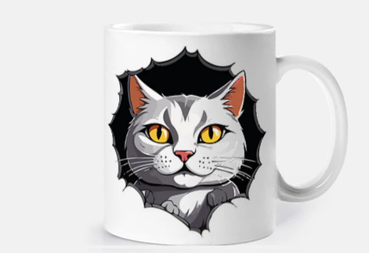 Cup white cat coming out of a hole funny cup coffee tea croissants herbal tea infusion