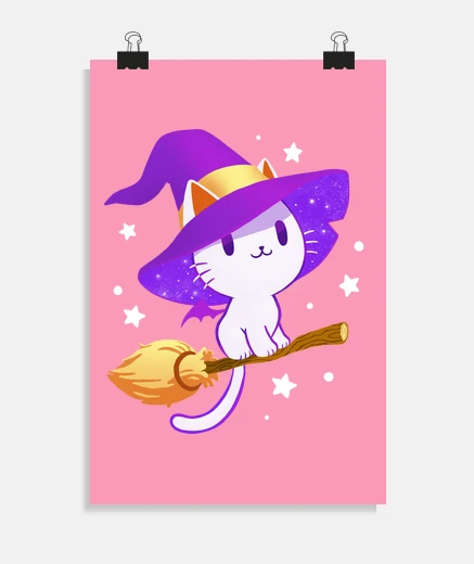 Poster white cat witch - pastel kitty - magica