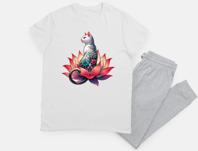 Pyjama White cat with flower tattoo in lotus