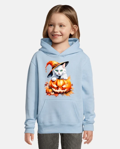 Kids white cat with pumpkin Halloween