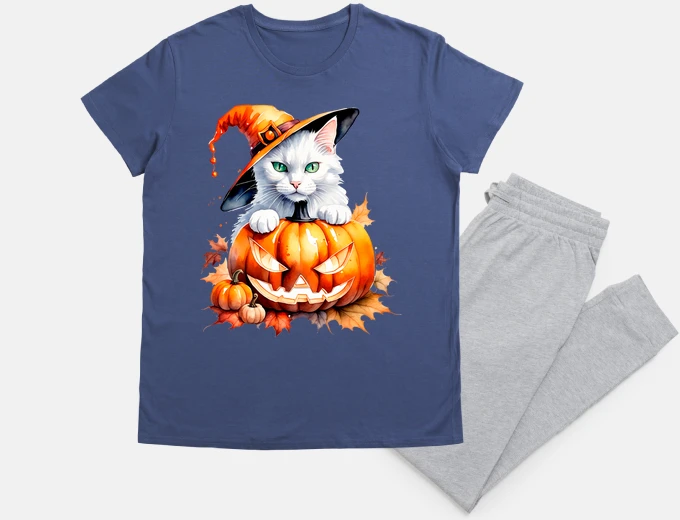 Pyjama white cat with pumpkin Halloween