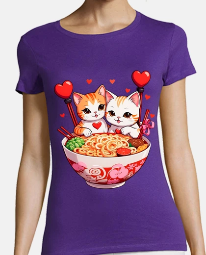 Playera white ginger cat ramen heart noodles