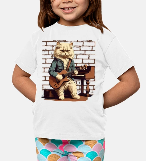 Kids white persian cat playing guitar