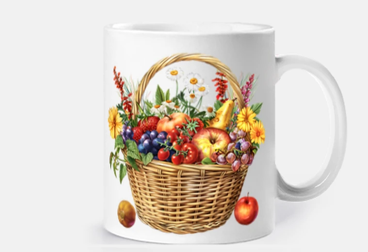 Cup wicker basket fruits and vegetables purchase display cup coffee tea croissants herbal infusion