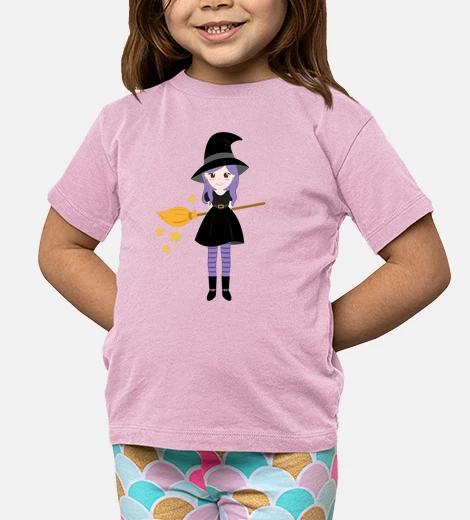 Children's witch with broom, boy and girl t shirt
