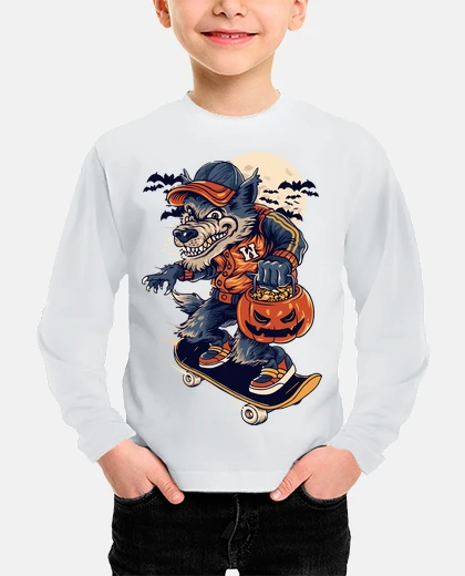 Kids wolf skateboarding halloween pumpkin