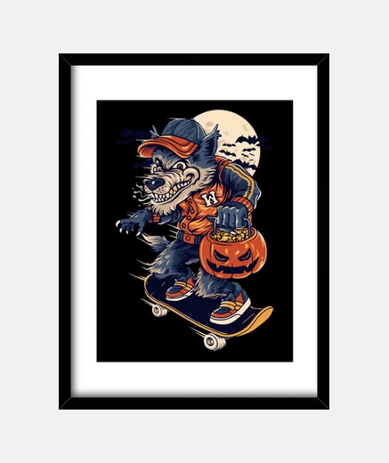 Framed wolf skateboarding halloween pumpkin