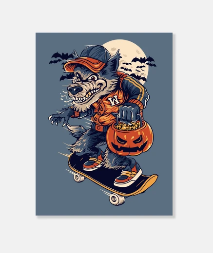 Wall wolf skateboarding halloween pumpkin