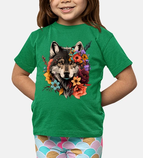 Kids wolf with hippie flowers