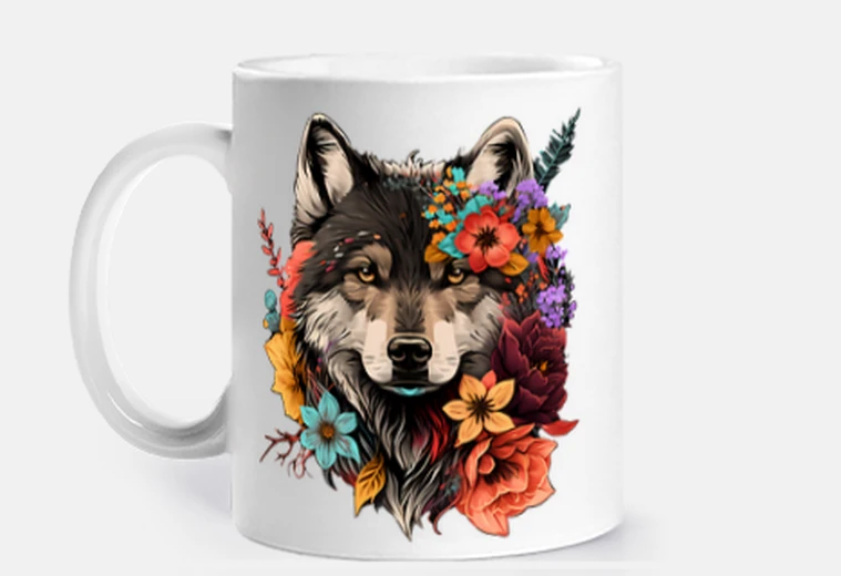Cup wolf with hippie flowers