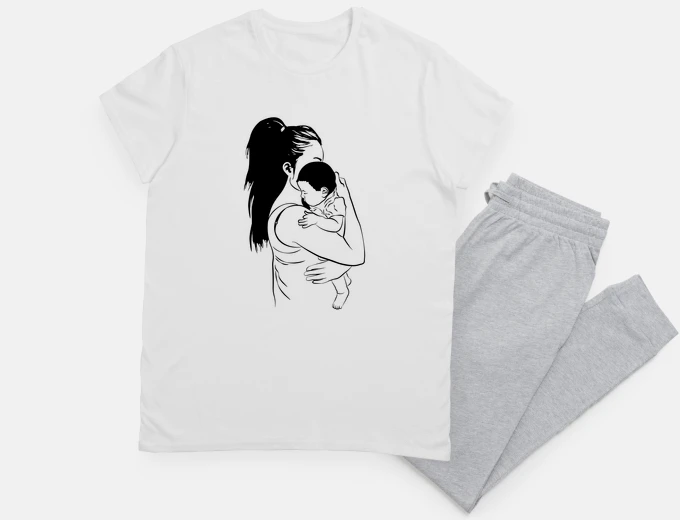 Pyjama woman and her baby in her arms, night sleep