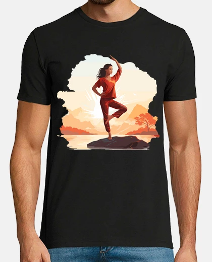 T-shirt woman doing yoga on a rock