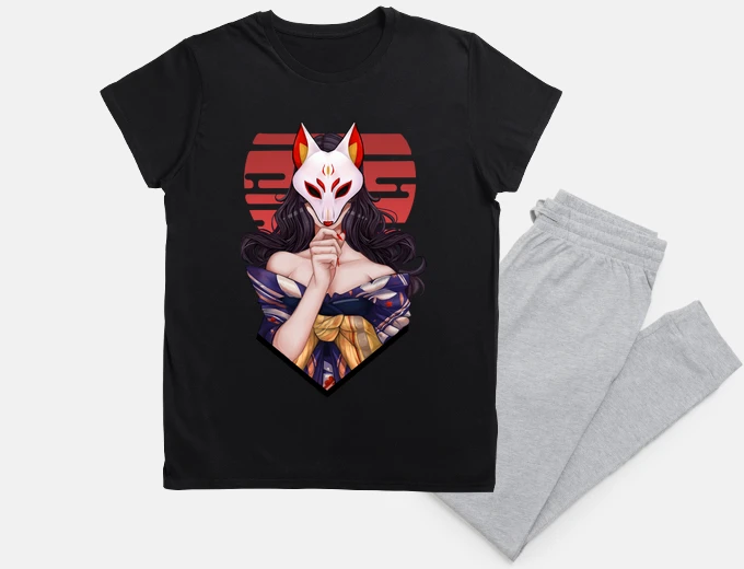 Pyjama woman in kitsune mask