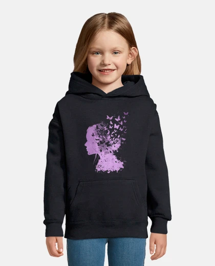 Kids woman silhouette with flying butterflie