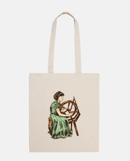 Bag woman who spins wool with a hand-cranked spinning wheel,