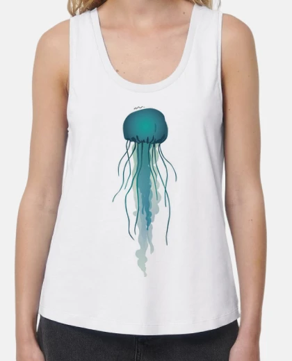 T-shirt woman, wide straps, white. jellyfish.