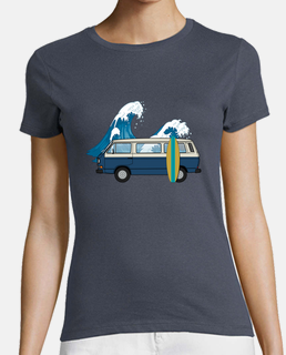 woman, blue wave surf van