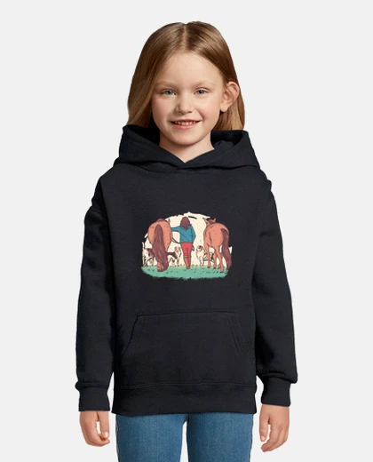 Kids women with her horses and australian shepherds, child loves horses,