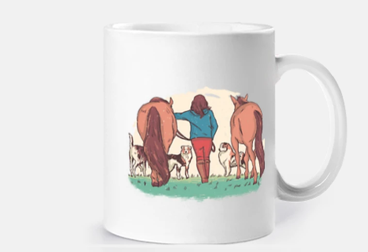 Cup women with her horses and australian shepherds, romantic breakfast,
