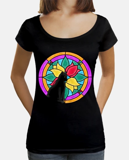 T-shirt women&#39;s t- t-shirt collar cat stained glass window