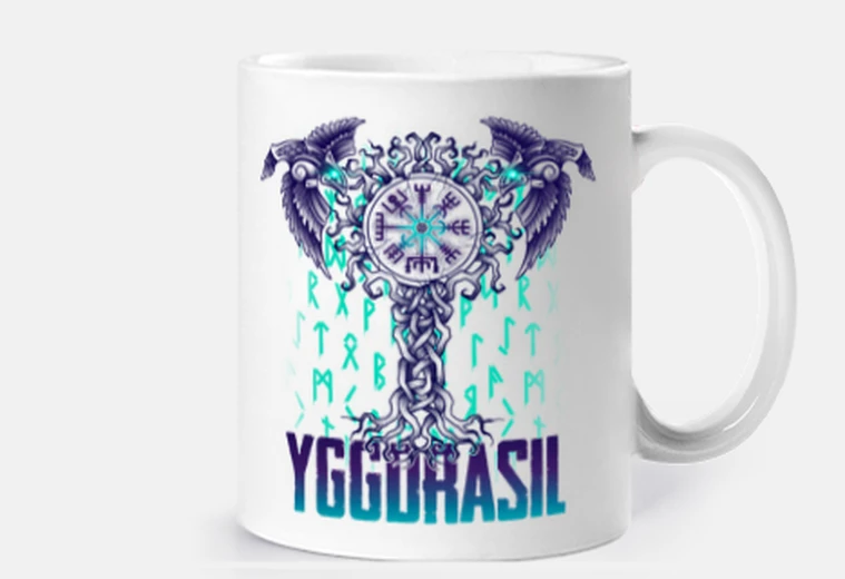 Cup world tree yggdrasil and crows hugin an
