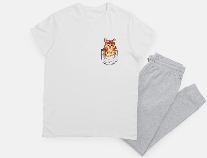 Pyjama yorkie in pajama pocket.
