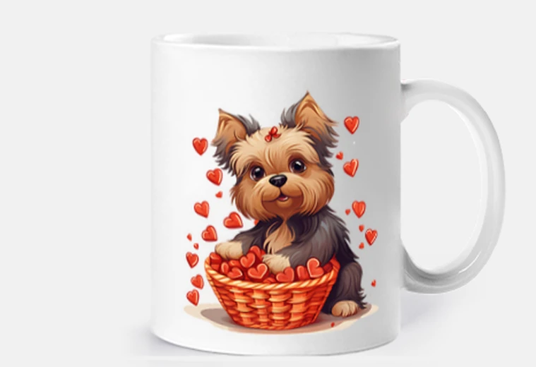Cup yorkshire terrier in a basket heart customizable mug