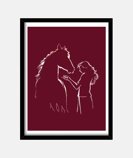 Framed young girl and horse silhouette. decoration drawing.