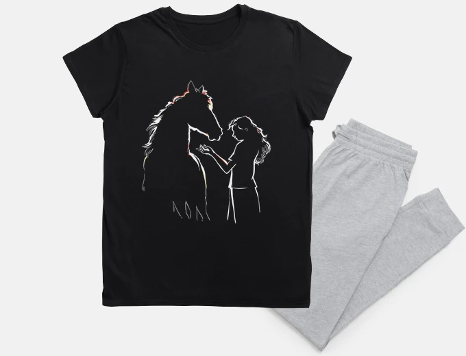Pyjama young girl and horse silhouette. drawing love.