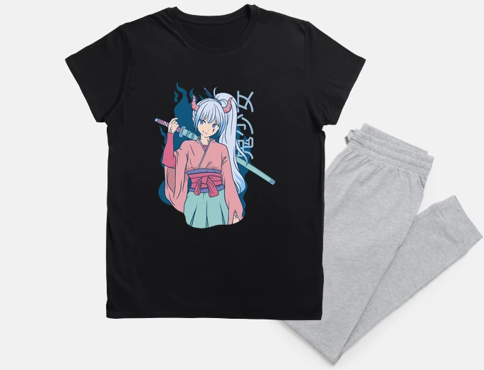 Pyjama young samurai girl with horns, comics, nightie