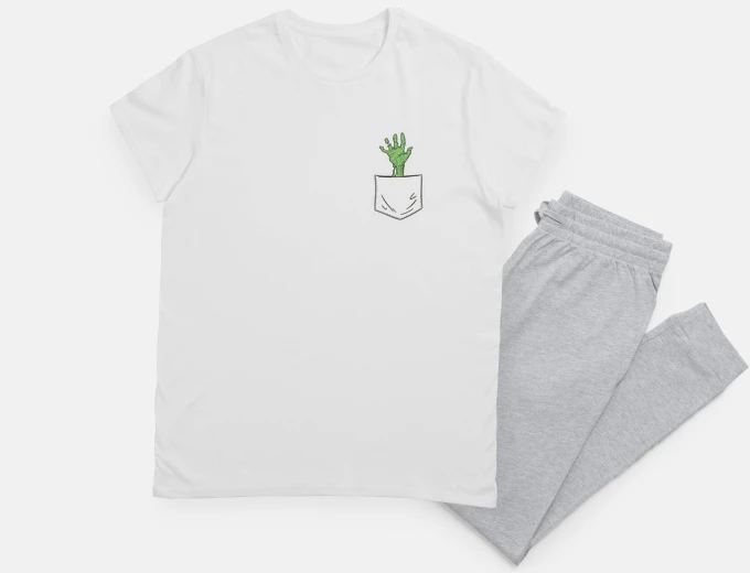 Pyjama zombie hand in pocket .horror movie